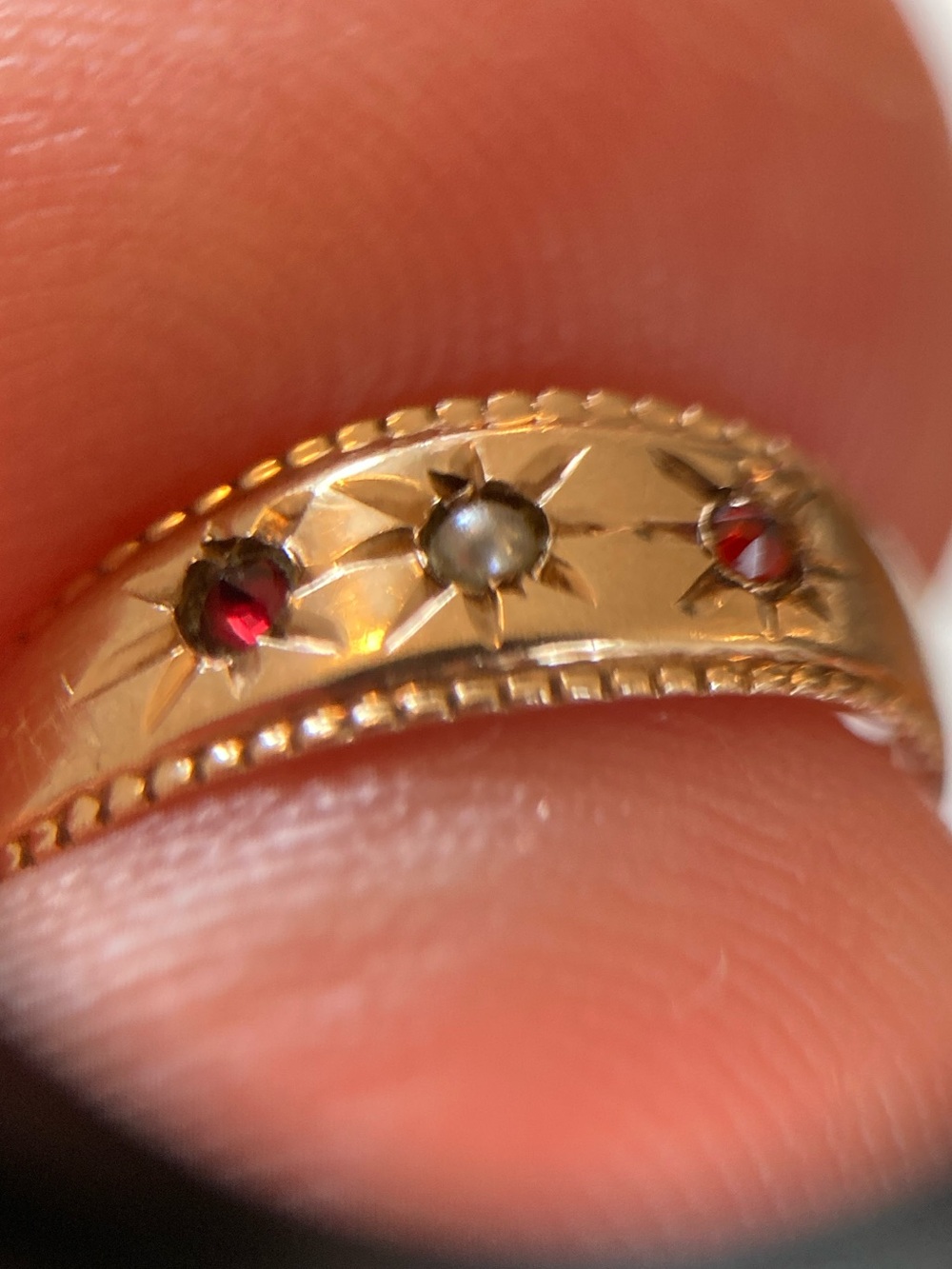 Antique Victorian 10K Rose-Cut Garnet & Seed Pearl Starburst Ring Tiny Size - Picture 4 of 12
